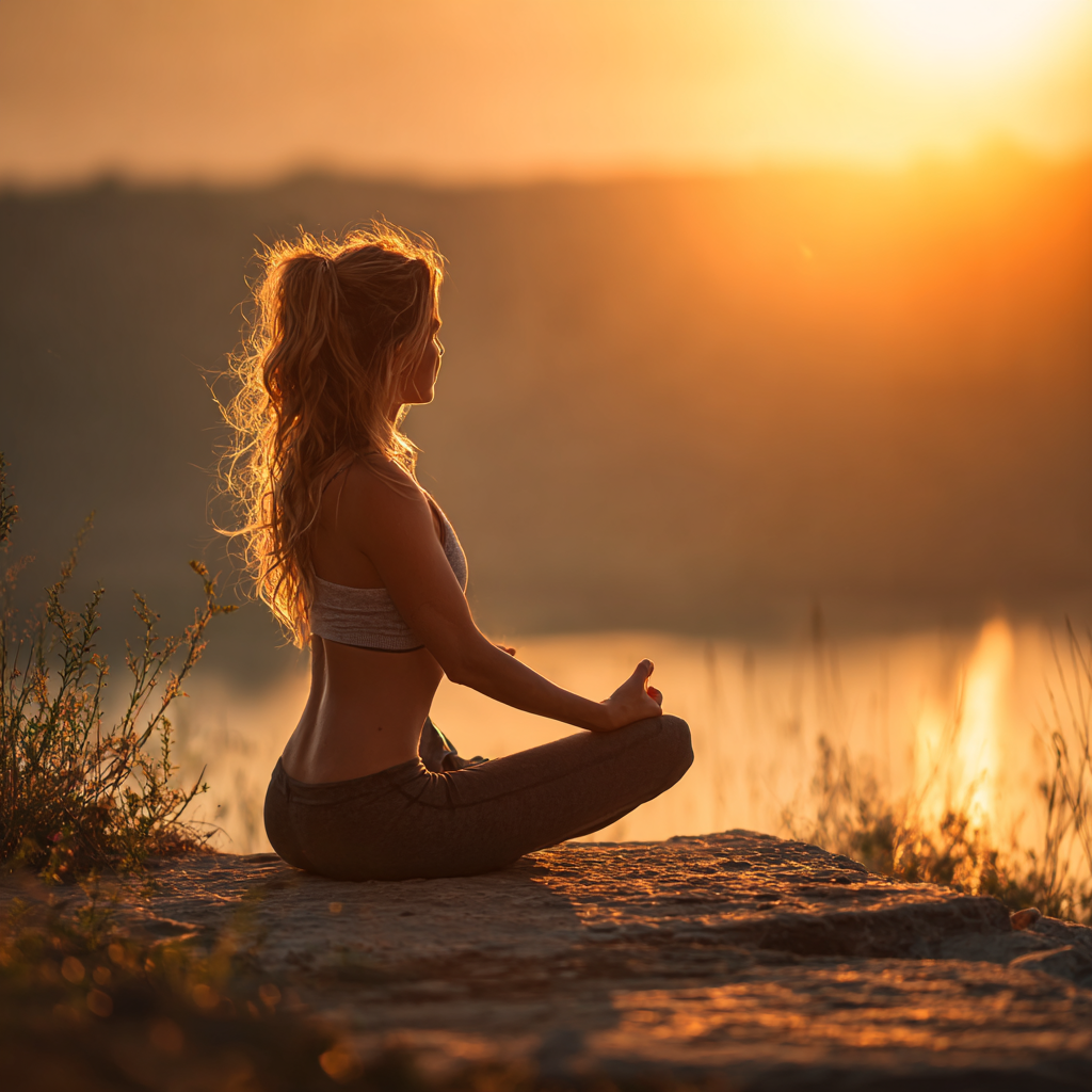 Peaceful woman practicing yoga in serene natural environment during golden hour